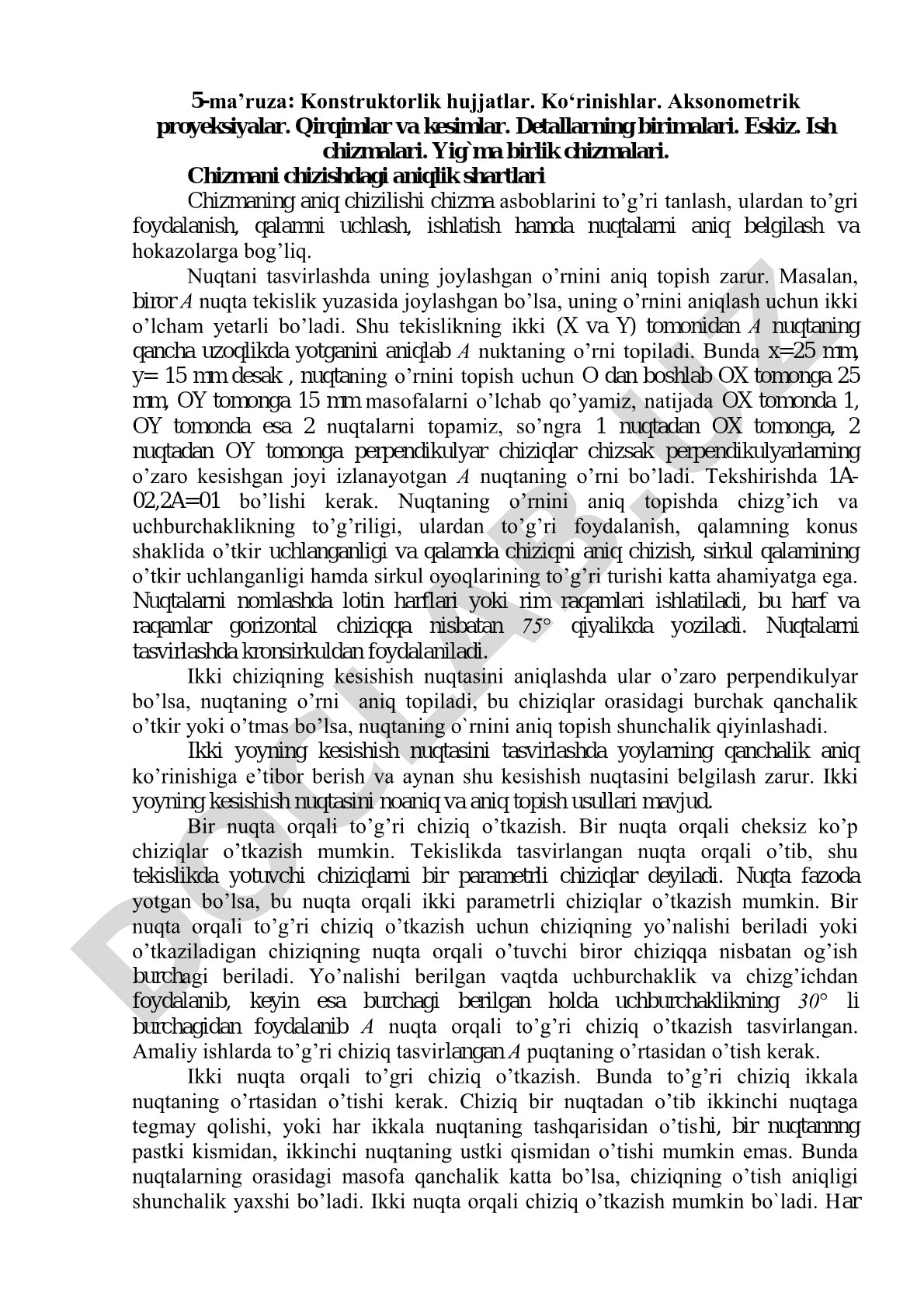 Konstruktorlik hujjatlar. Ko‘rinishlar. Aksonometrik proyeksiyalar. Qirqimlar va kesimlar