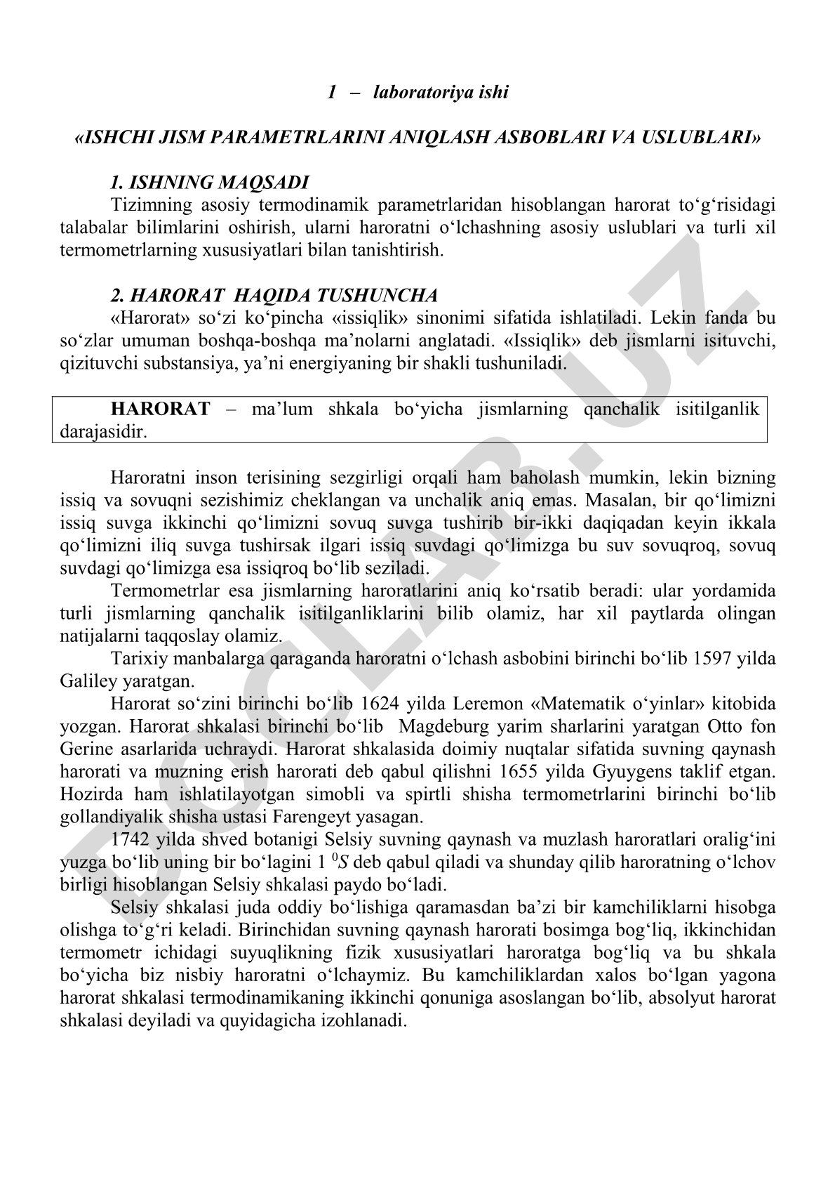 Ishchi jism parametrlarini aniqlash asboblari va uslublari