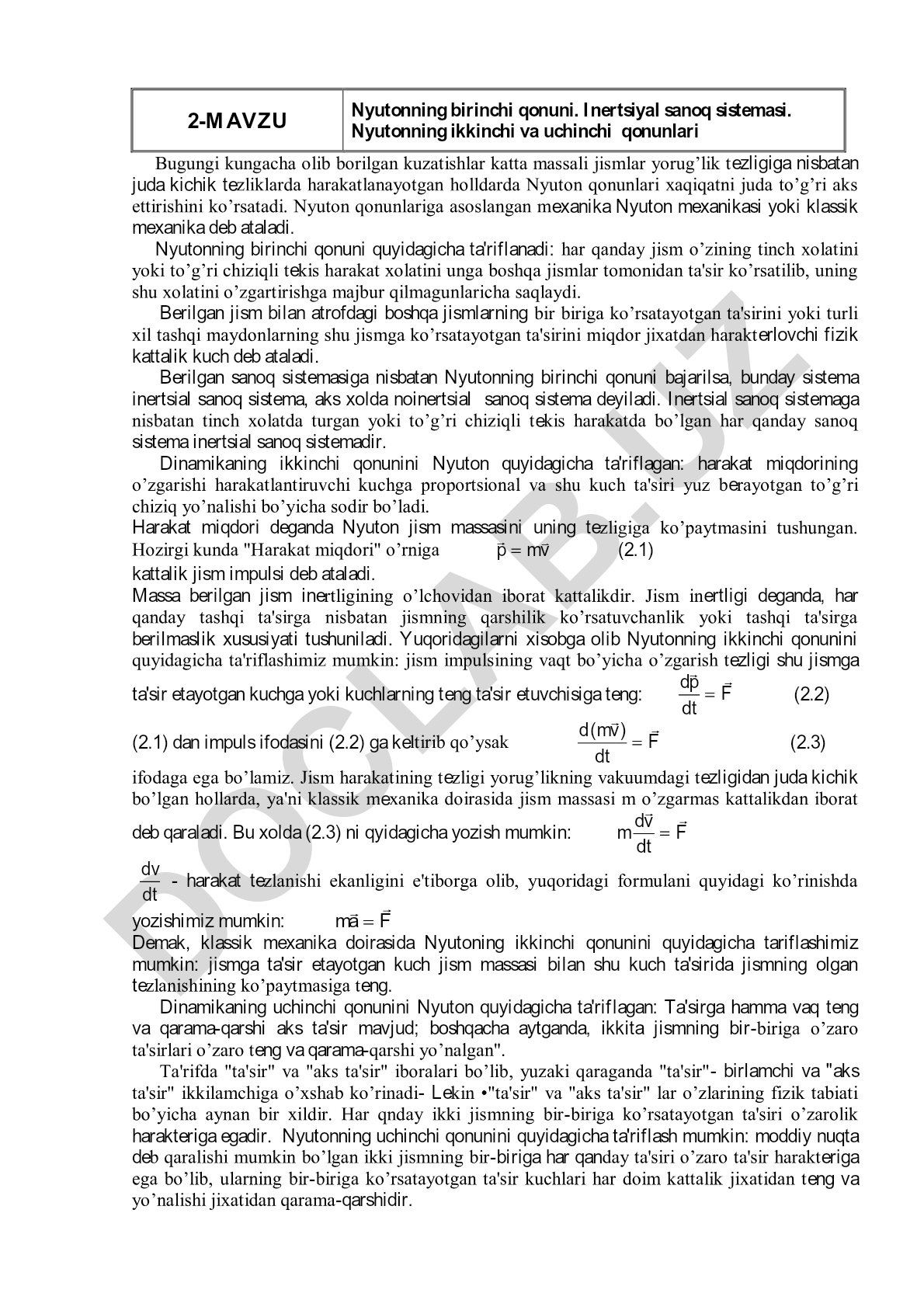 Nyutonning birinchi, ikkinchi va uchinchi qonunlari