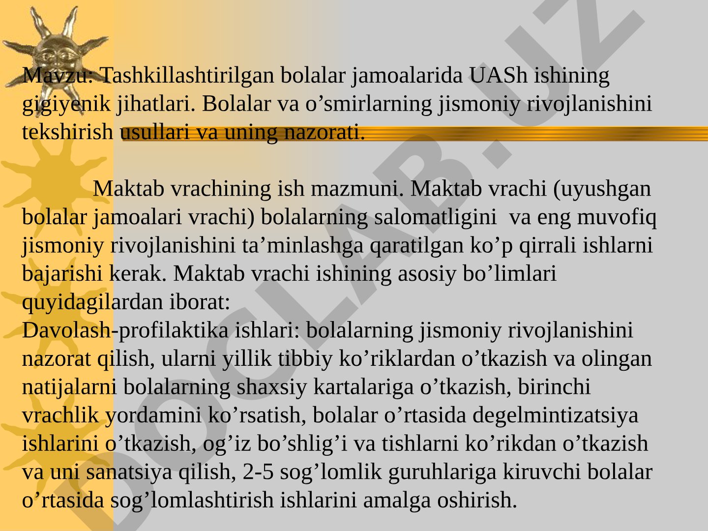 Tashkillashtirilgan bolalar jamoalarida UASh ishining gigiyenik jihatlari