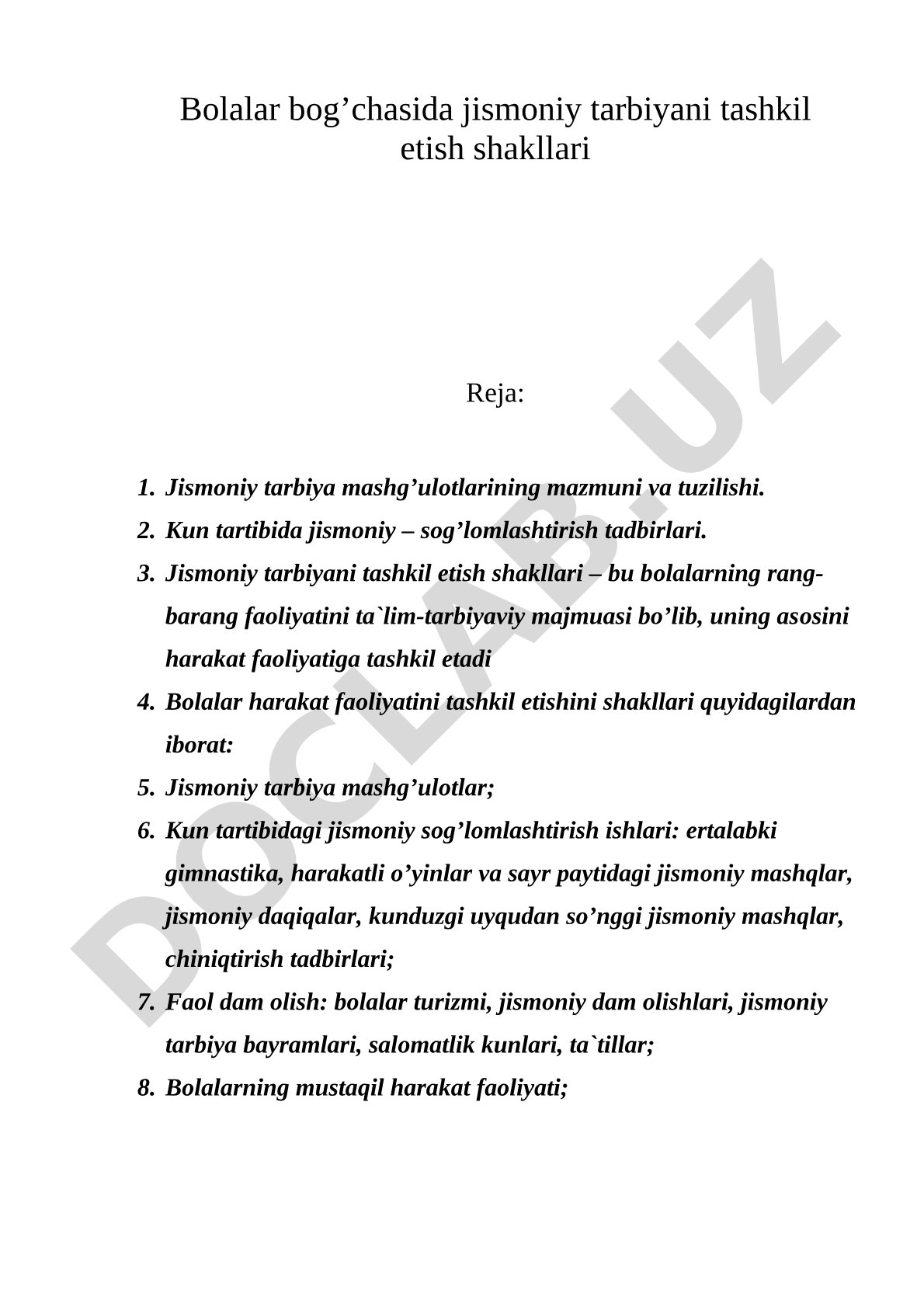 Bolalar bog'chasida jismoniy tarbiyani tashkil etish shakllari