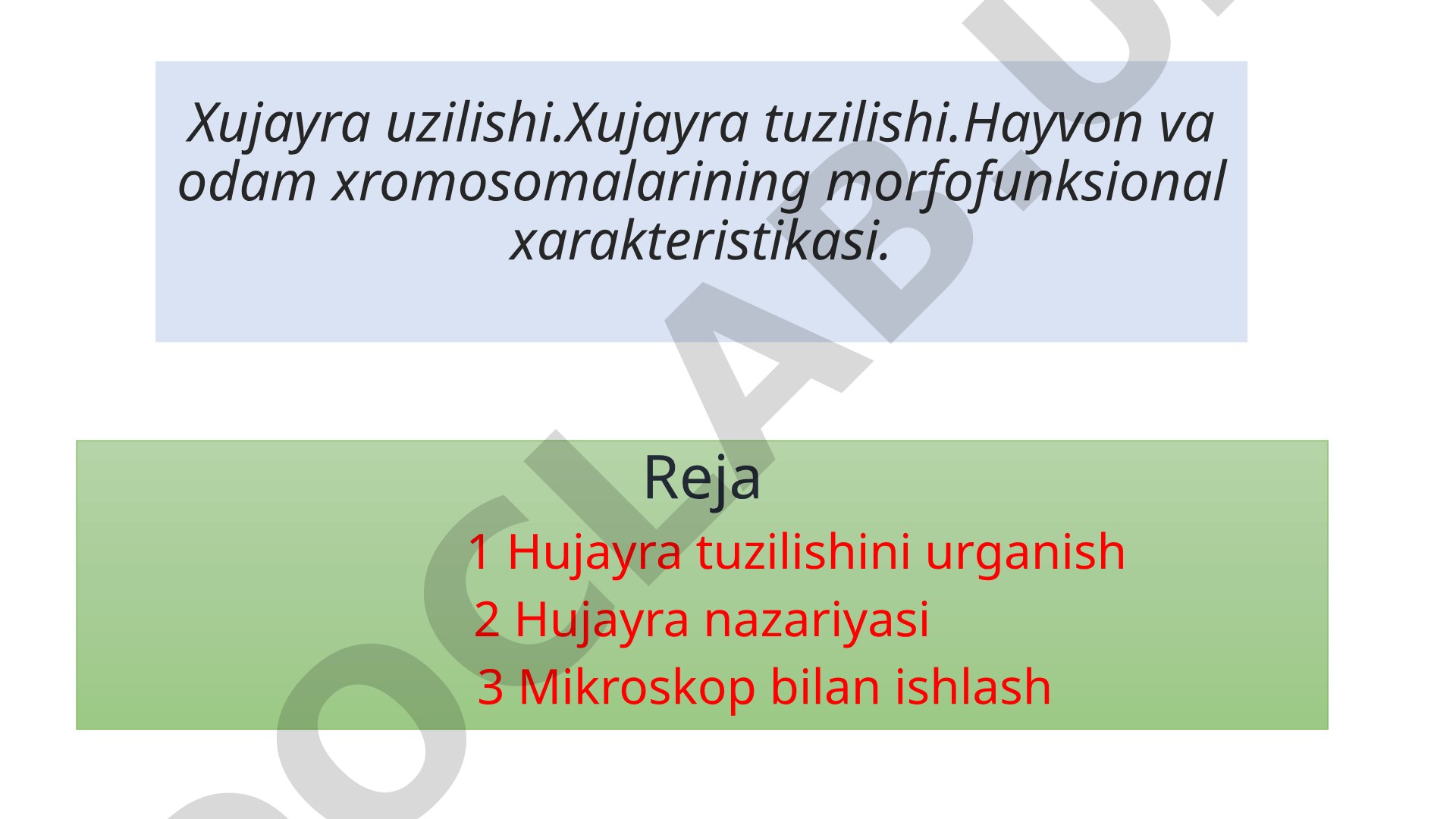Xujayra tuzilishi va xromosomalarning morfofunksional xarakteristikasi