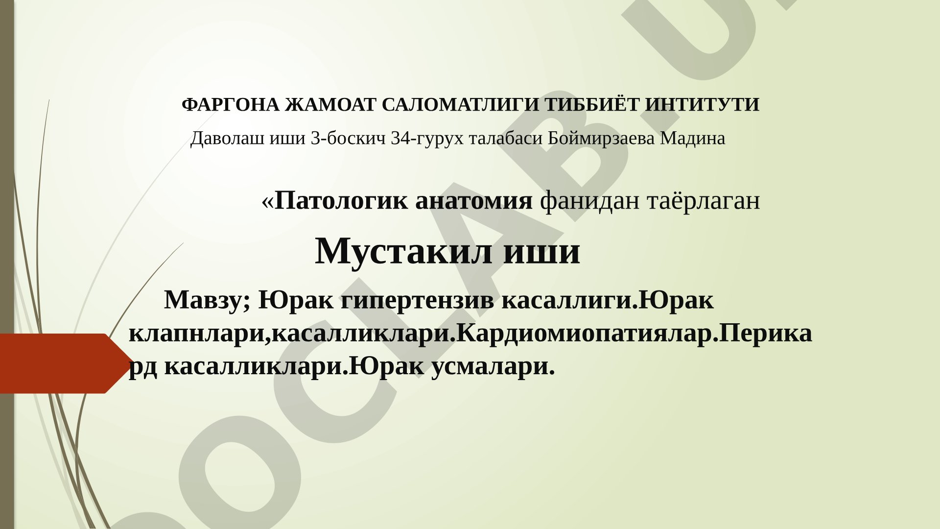 Юрак гипертензив касаллиги. Юрак клапанлари касалликлари. Кардиомиопатиялар. Перикард касалликлари. Юрак ўсмалари