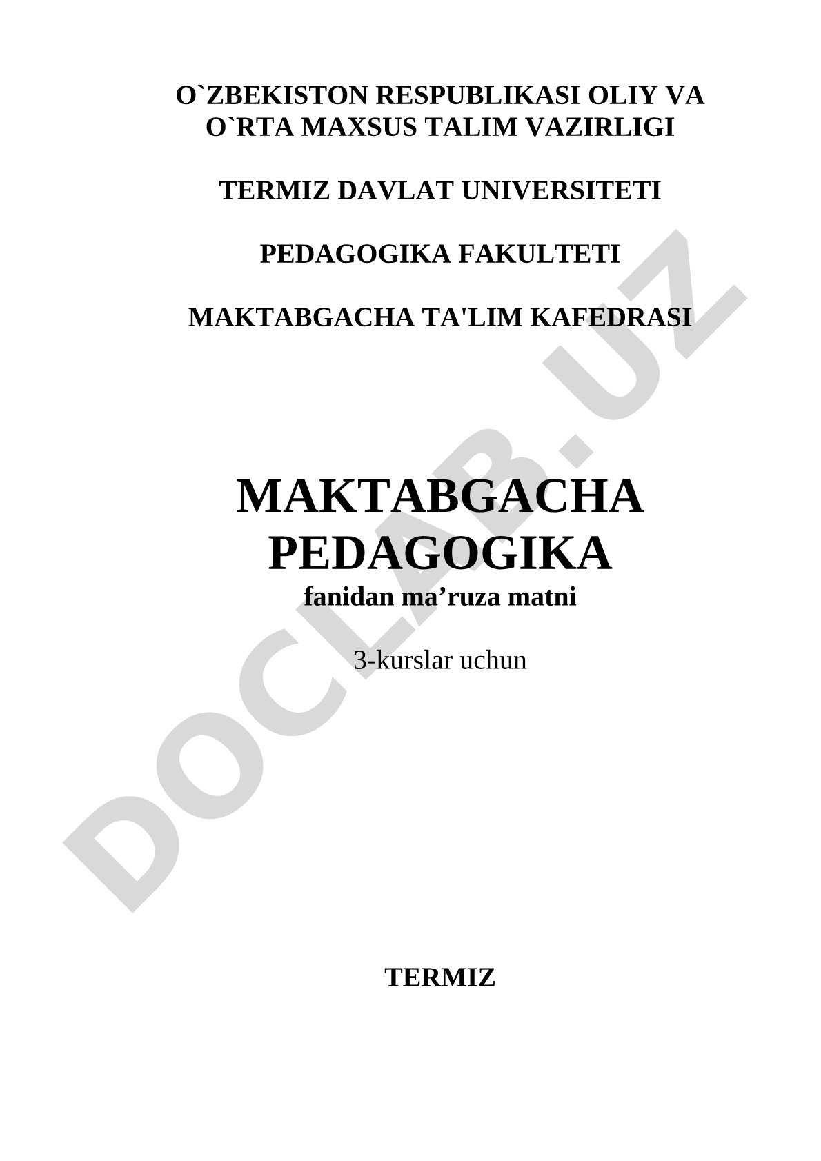Maktabgacha pedagogika fanidan ma'ruza matni