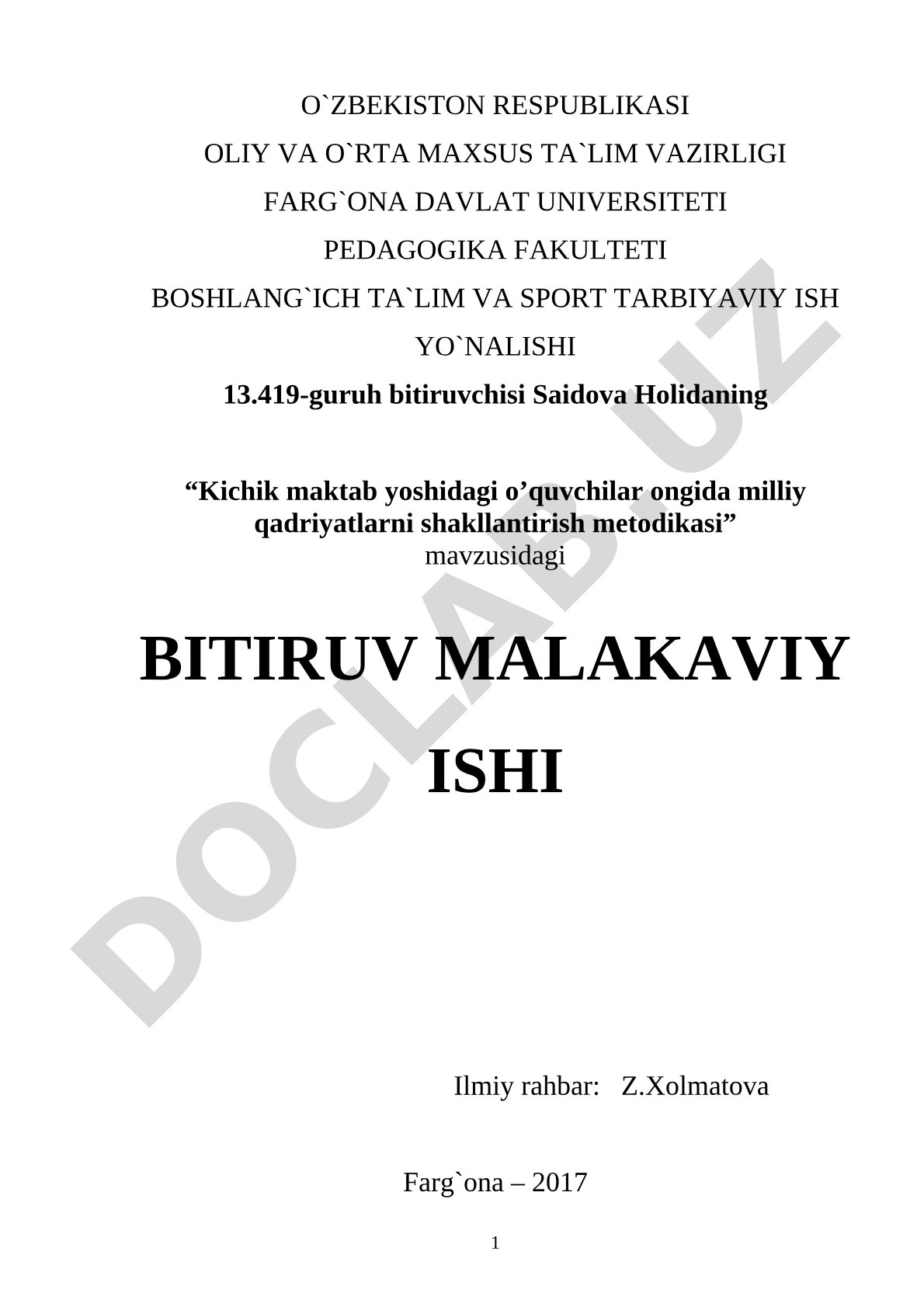Kichik maktab yoshidagi o'quvchilar ongida milliy qadriyatlarni shakllantirish metodikasi