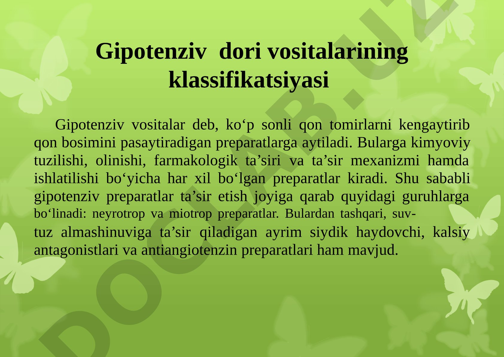 Gipotenziv dori vositalarining klassifikatsiyasi