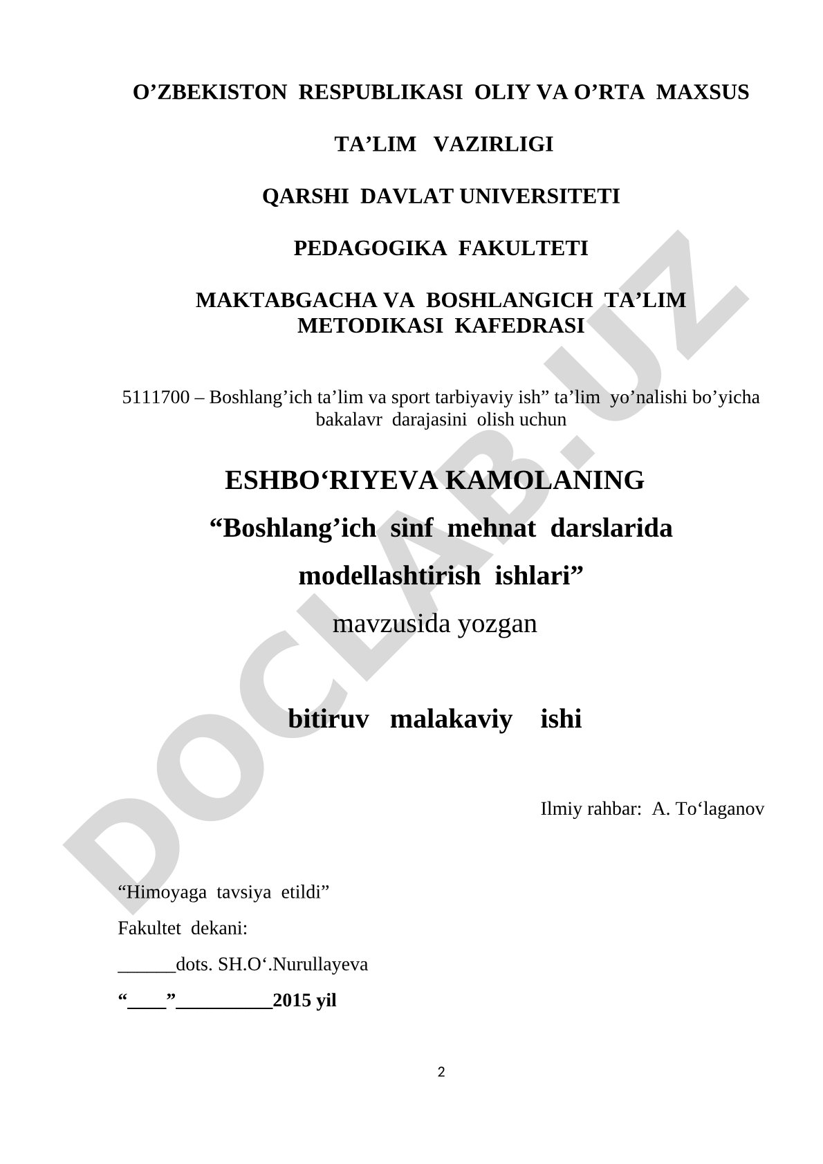 Boshlang'ich sinf mehnat darslarida modellashtirish ishlari