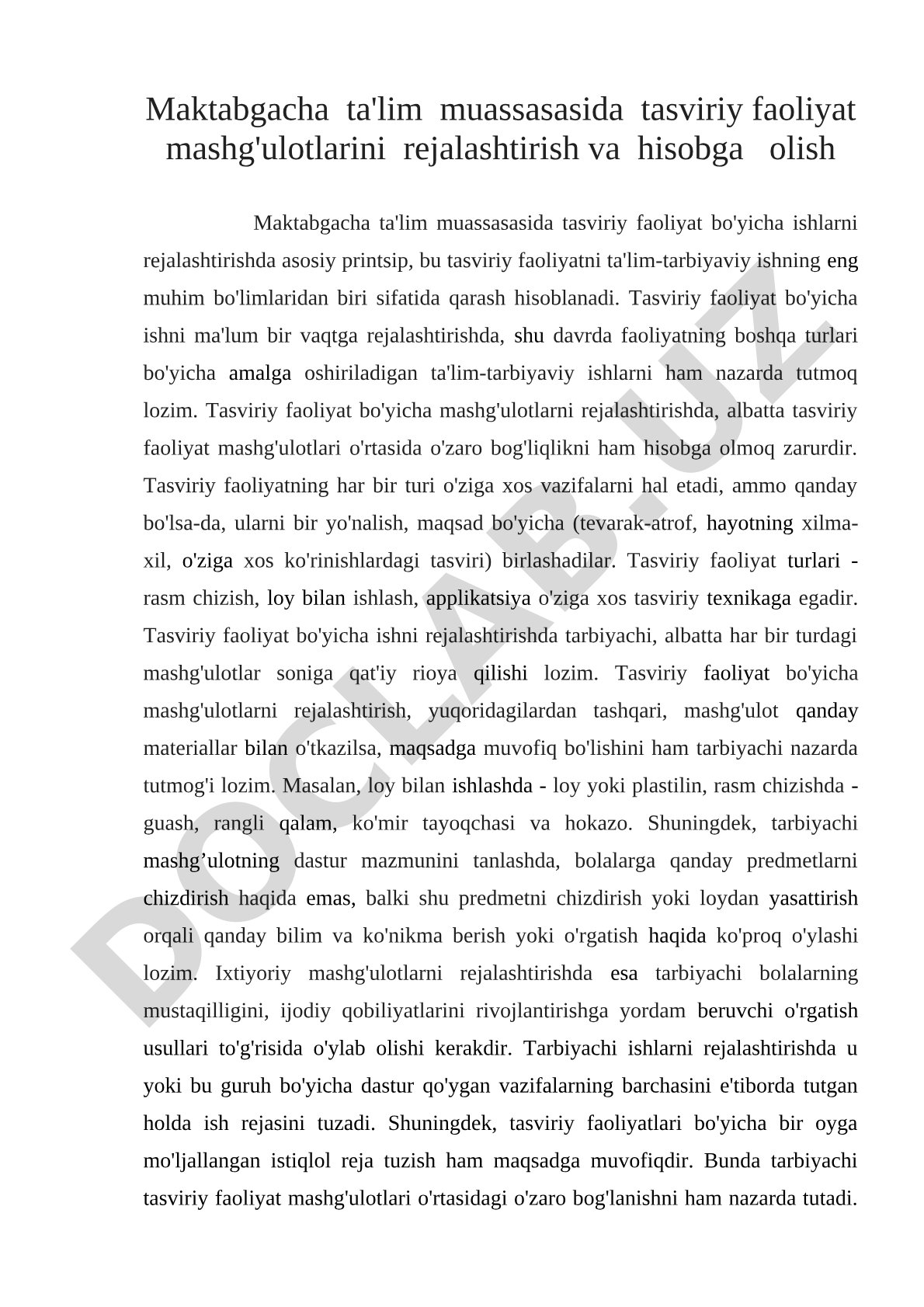 Maktabgacha ta'lim muassasasida tasviriy faoliyat mashg'ulotlarini rejalashtirish va hisobga olish