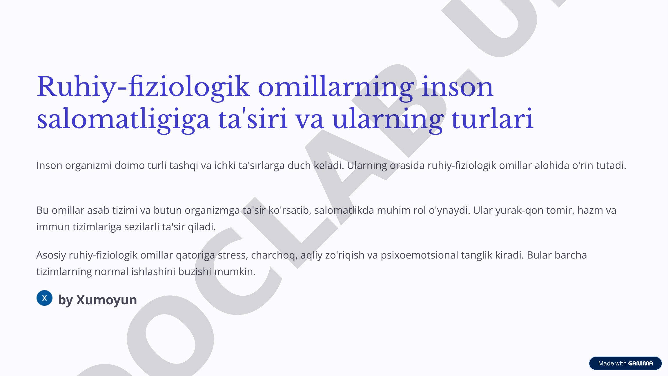 Ruhiy-fiziologik omillarning inson salomatligiga ta'siri va ularning turlari
