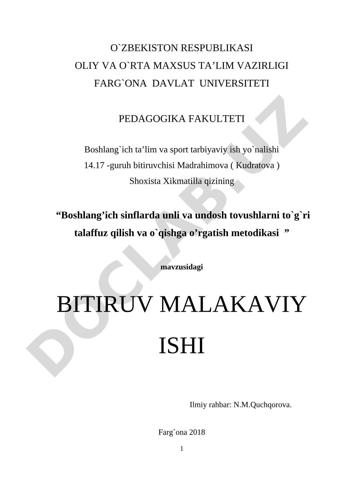Boshlang'ich sinflarda unli va undosh tovushlarni to'g'ri talaffuz qilish va o'qishga o'rgatish metodikasi