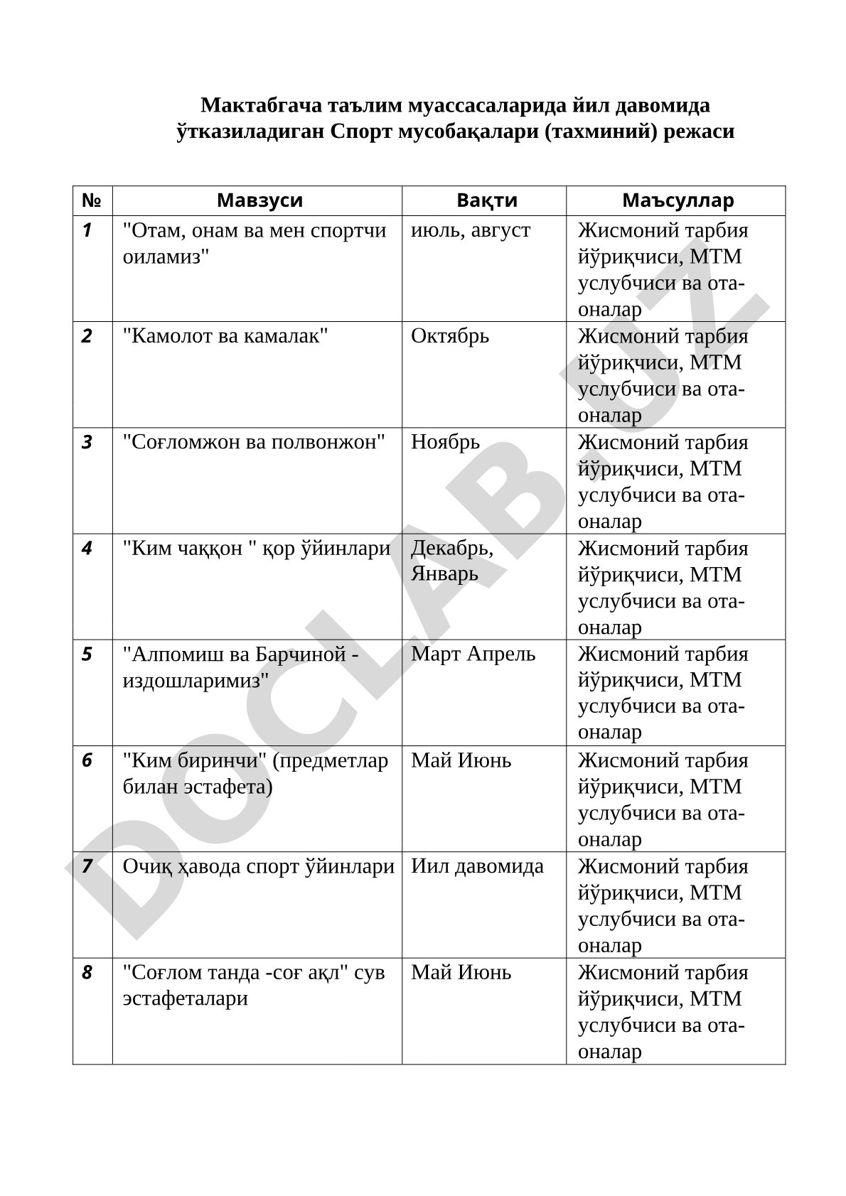 Мактабгача таълим муассасаларида йил давомида ўтказиладиган спорт мусобақалари режаси