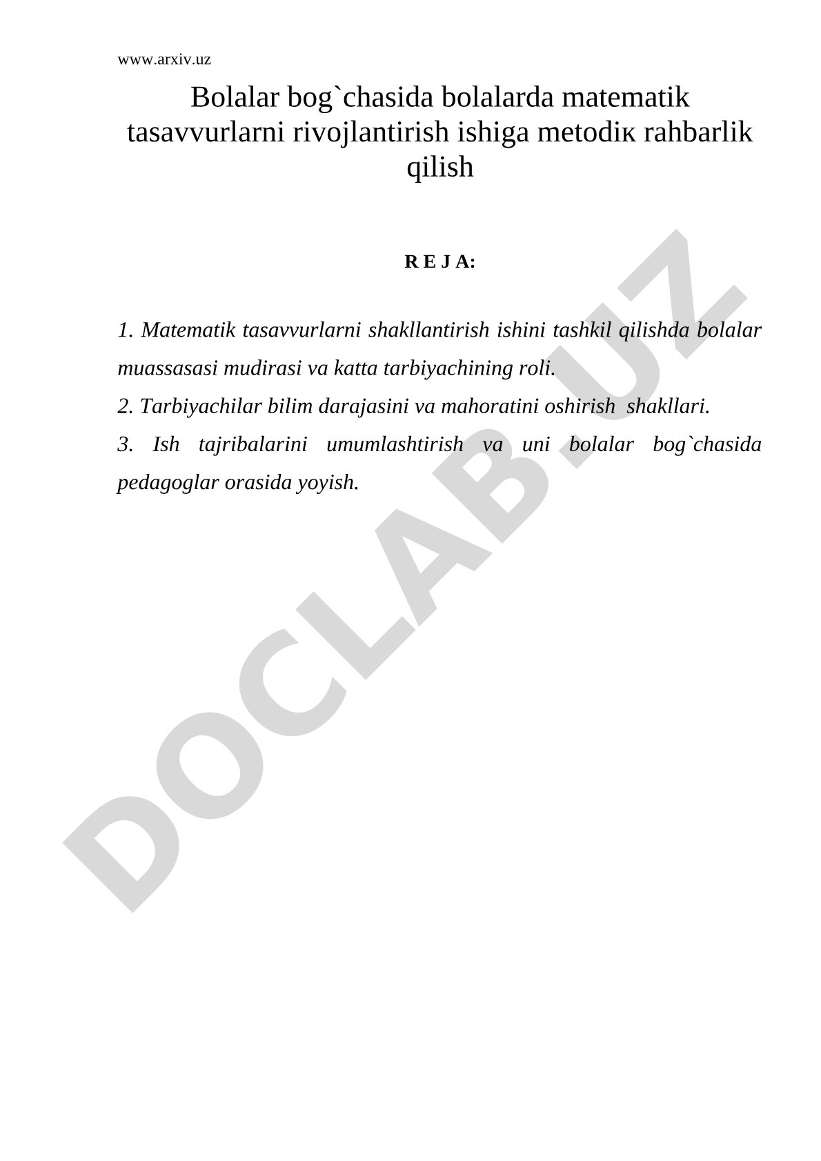 Bolalar bog`chasida bolalarda matematik tasavvurlarni rivojlantirish ishiga metodik rahbarlik qilish