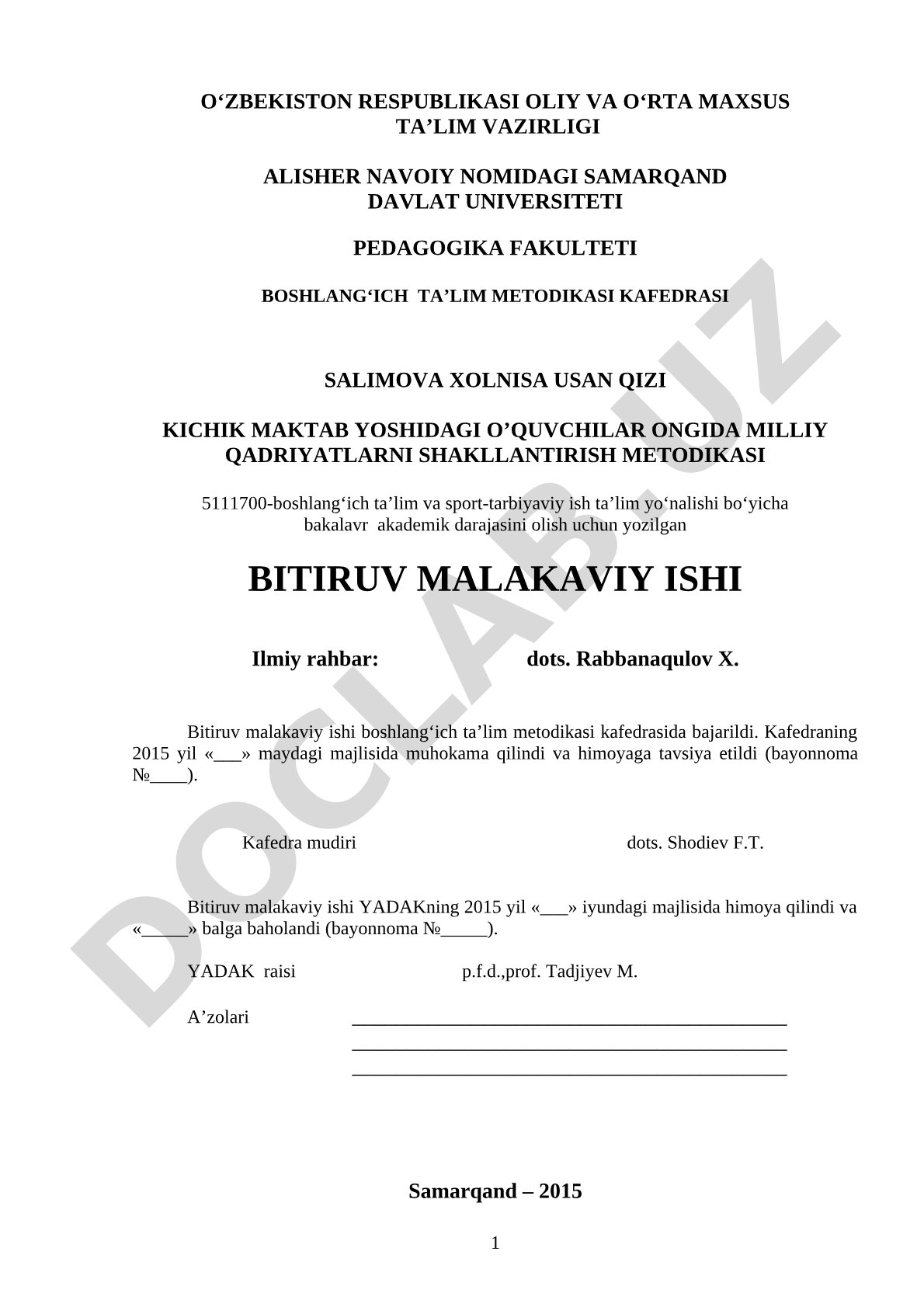 Kichik maktab yoshidagi o'quvchilar ongida milliy qadriyatlarni shakllantirish metodikasi