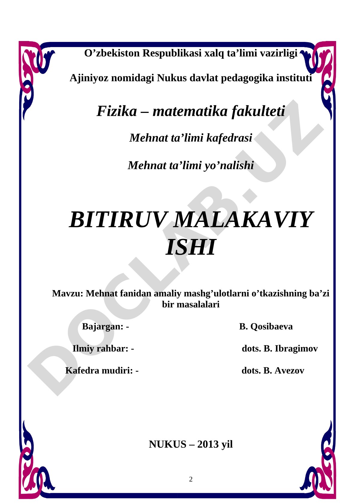 Mehnat fanidan amaliy mashg'ulotlarni o'tkazishning ba'zi bir masalalari