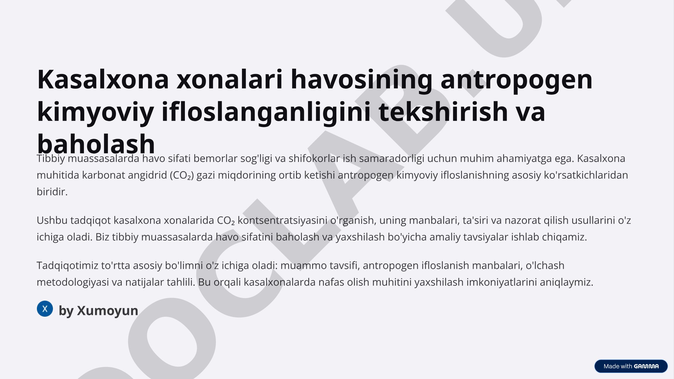 Kasalxona xonalari havosining antropogen kimyoviy ifloslanganligini tekshirish va baholash