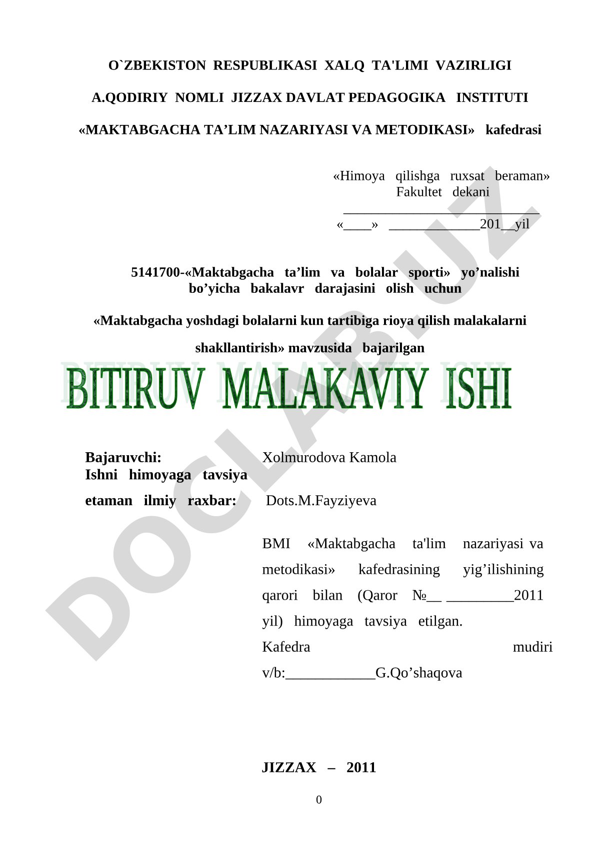 Maktabgacha yoshdagi bolalarni kun tartibiga rioya qilish malakalarni shakllantirish