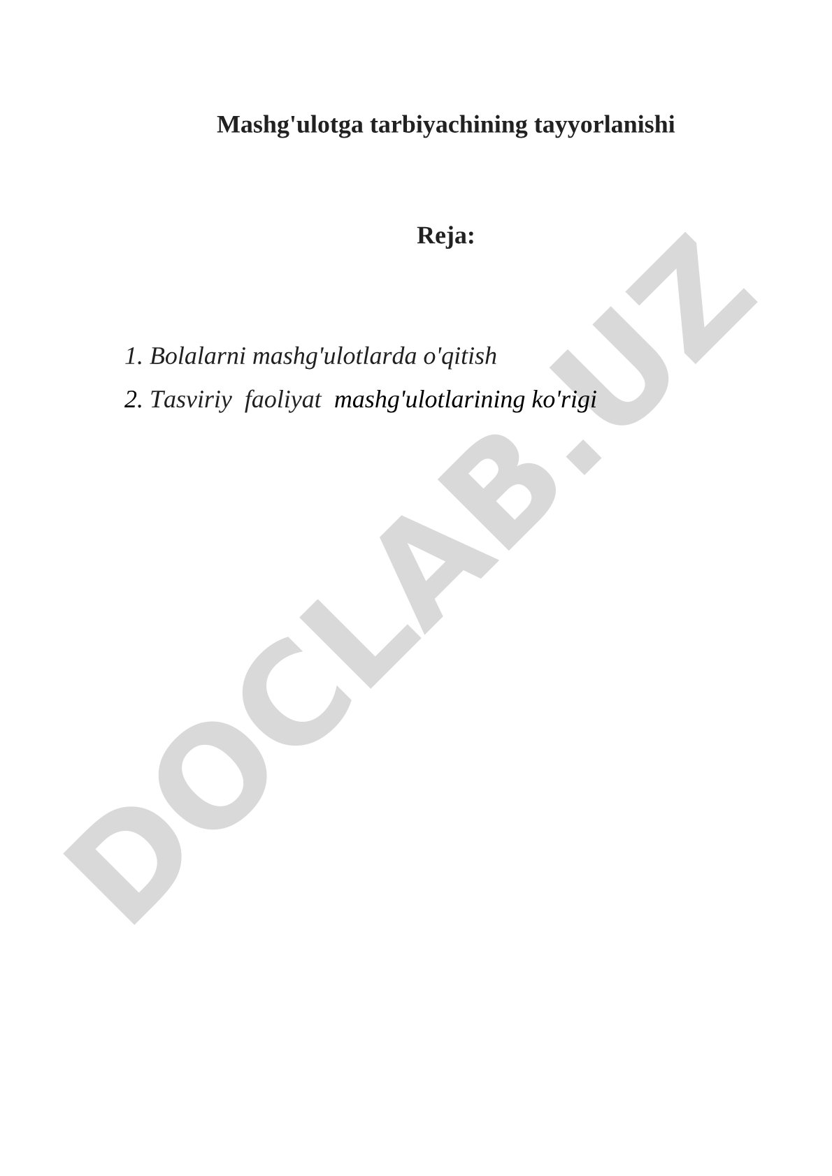 Mashg'ulotga tarbiyachining tayyorlanishi