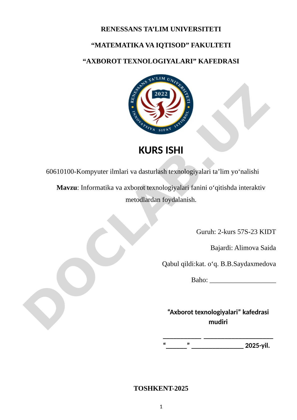 Informatika fanida interaktiv metodlardan foydalanish kurs ishi