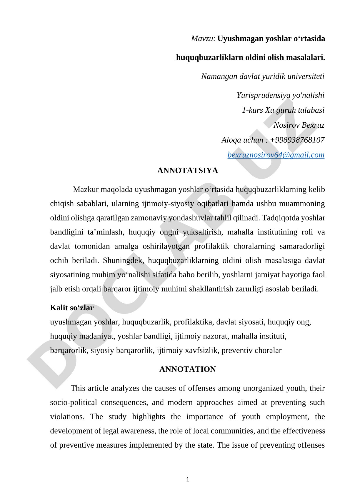 Uyushmagan yoshlar orasida huquqbuzarliklarni oldini olish