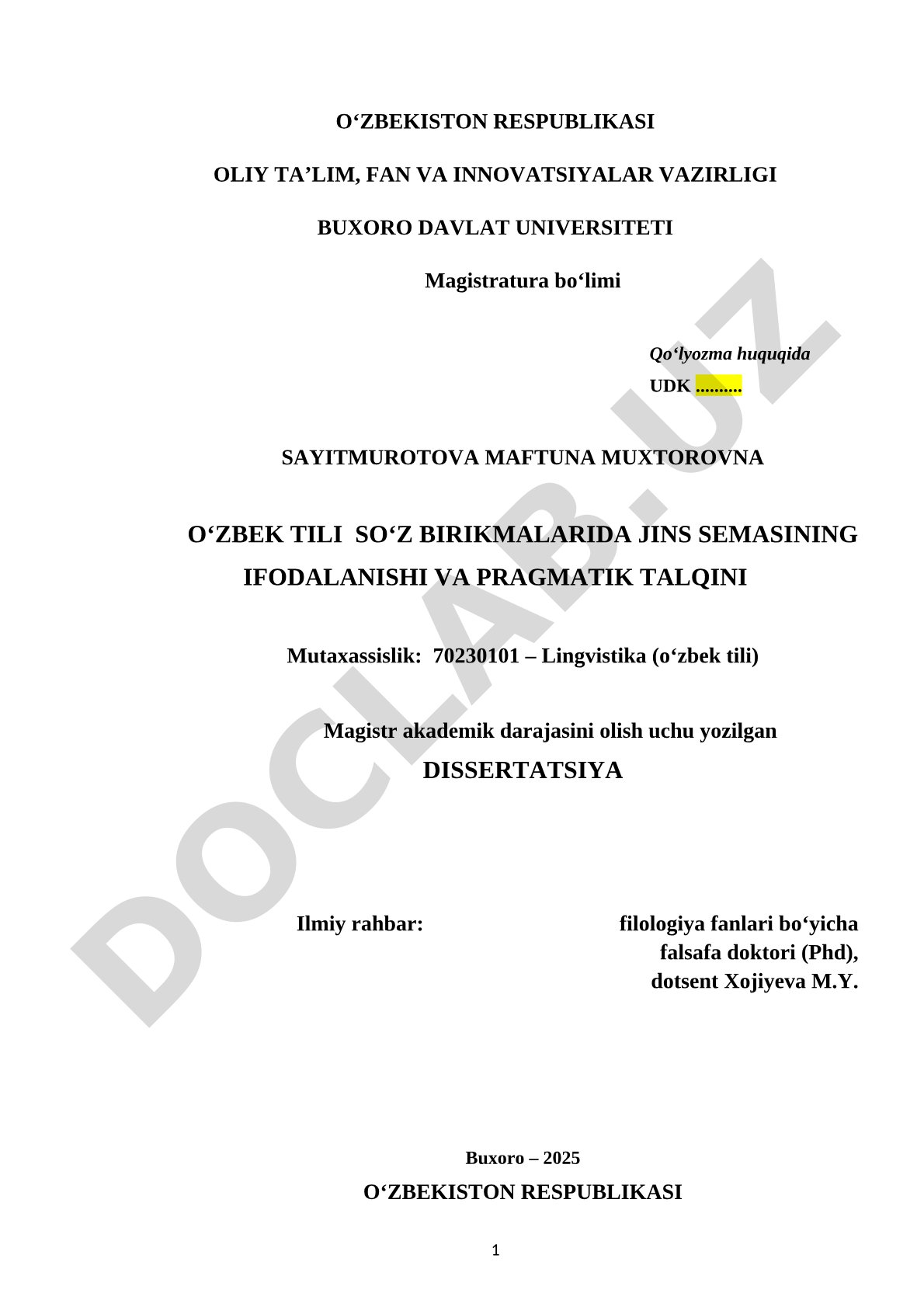 O'zbek tilida jins semasining ifodalanishi va pragmatik talqini