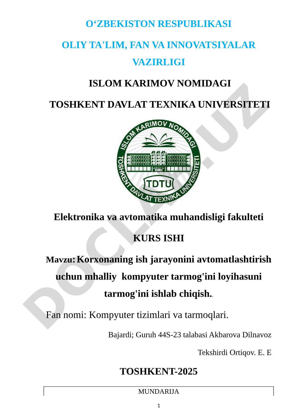 Korxona mahalliy kompyuter tarmog'i loyihasi