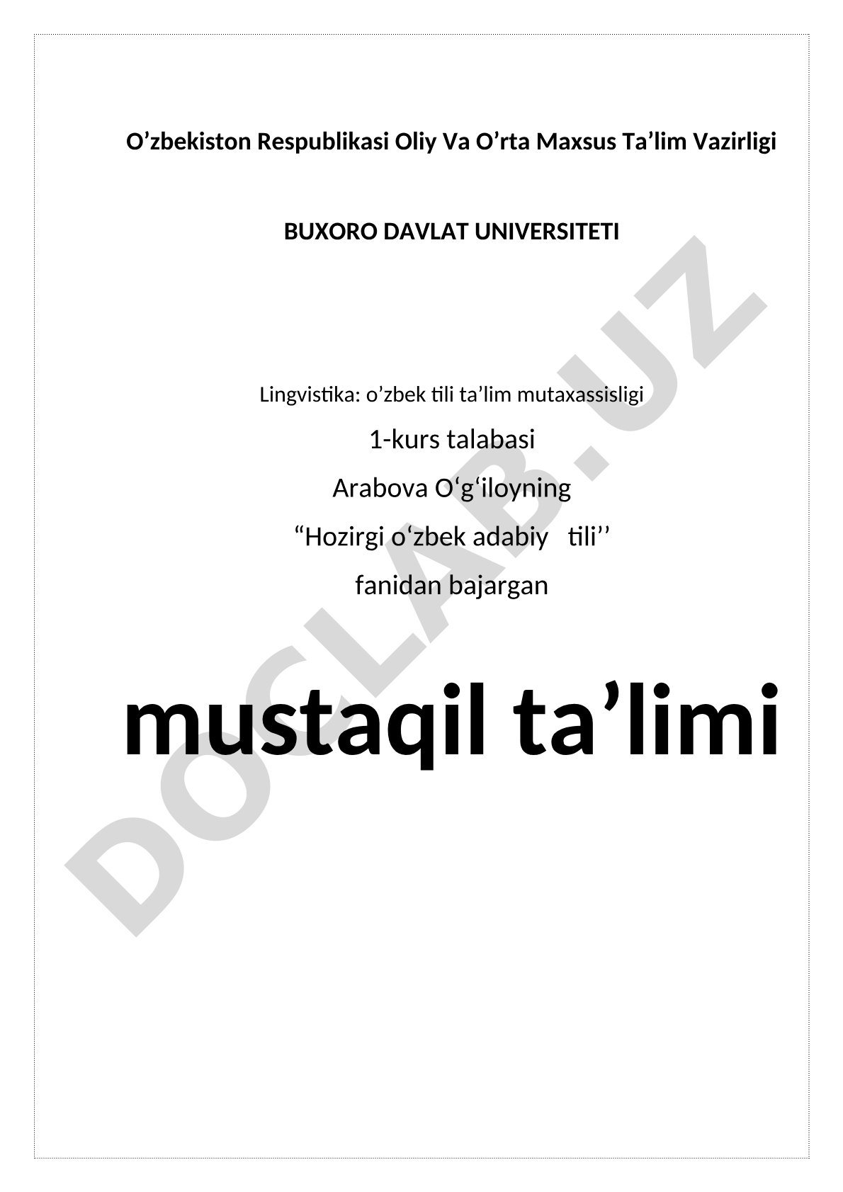 Hozirgi o'zbek adabiy tili mustaqil ta'lim topshirig'i