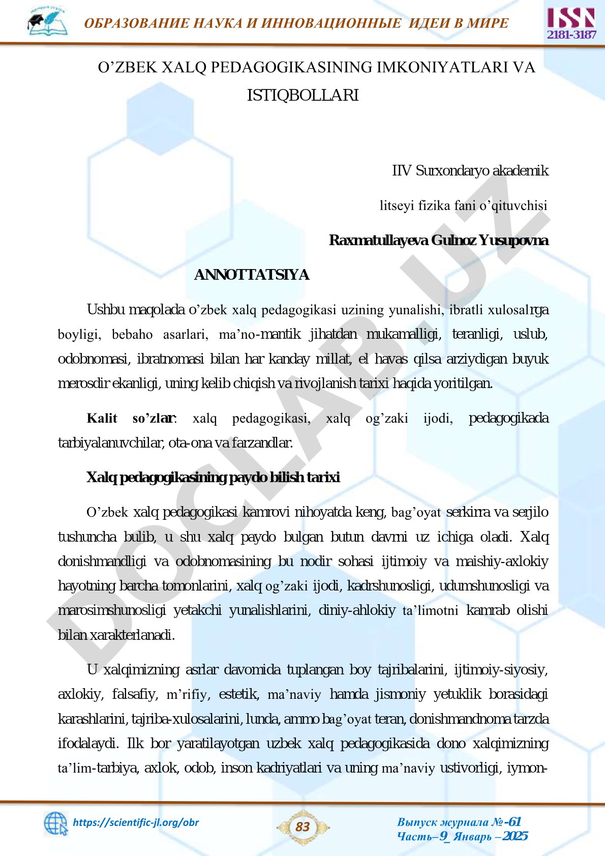 O'zbek xalq pedagogikasi haqida maqola