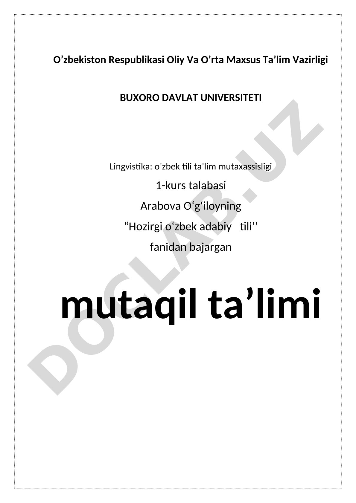 Hozirgi o'zbek adabiy tili topshirig'i