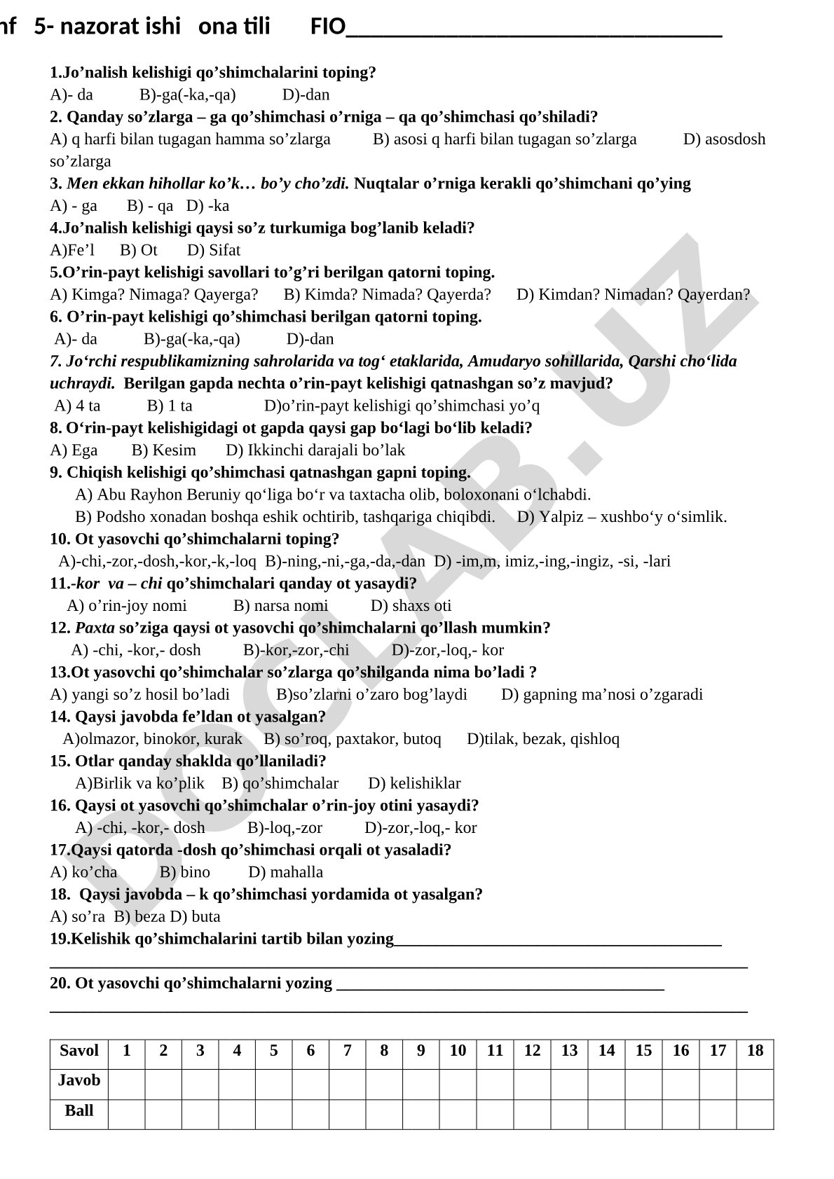 O'zbek tili kelishiklari test savollari