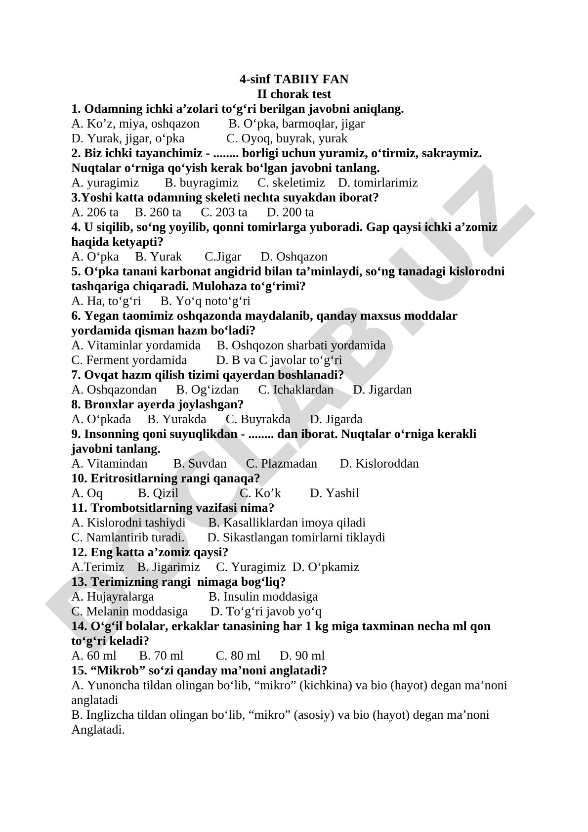 4-sinf Tabiiy fan II chorak test