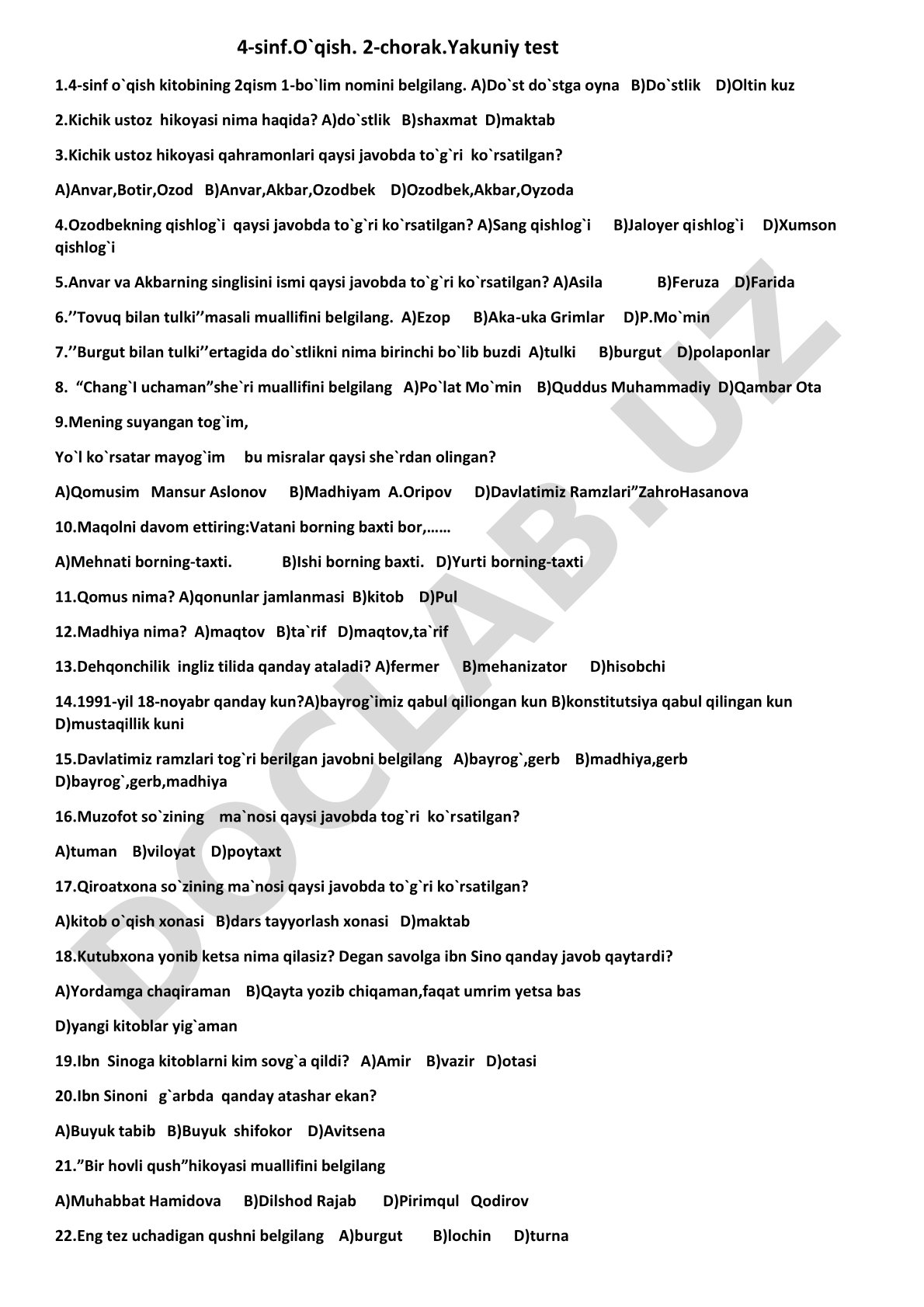 4-sinf O'qish 2-chorak Yakuniy test 1