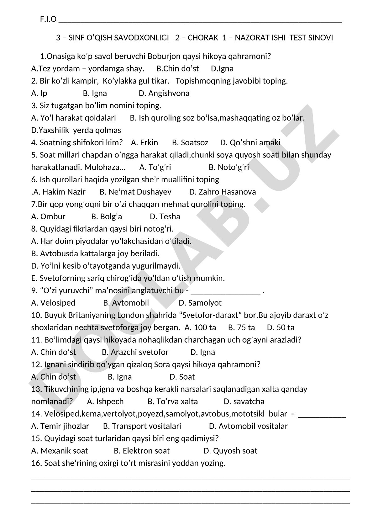 3-sinf o'qish savodxonligi 2-chorak 1-nazorat ishi test sinovi
