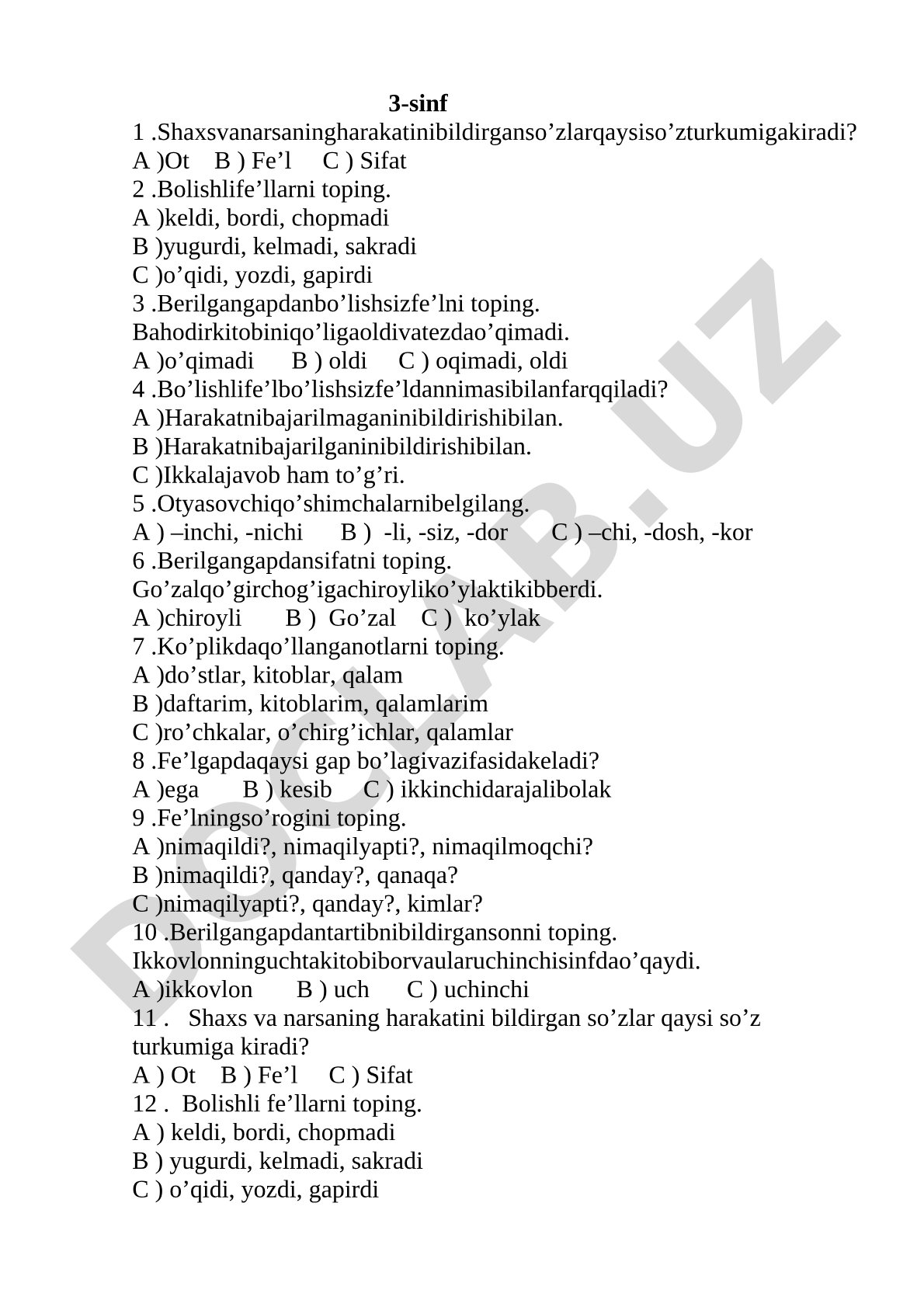 3-sinf fe'l va so'z turkumlari testi