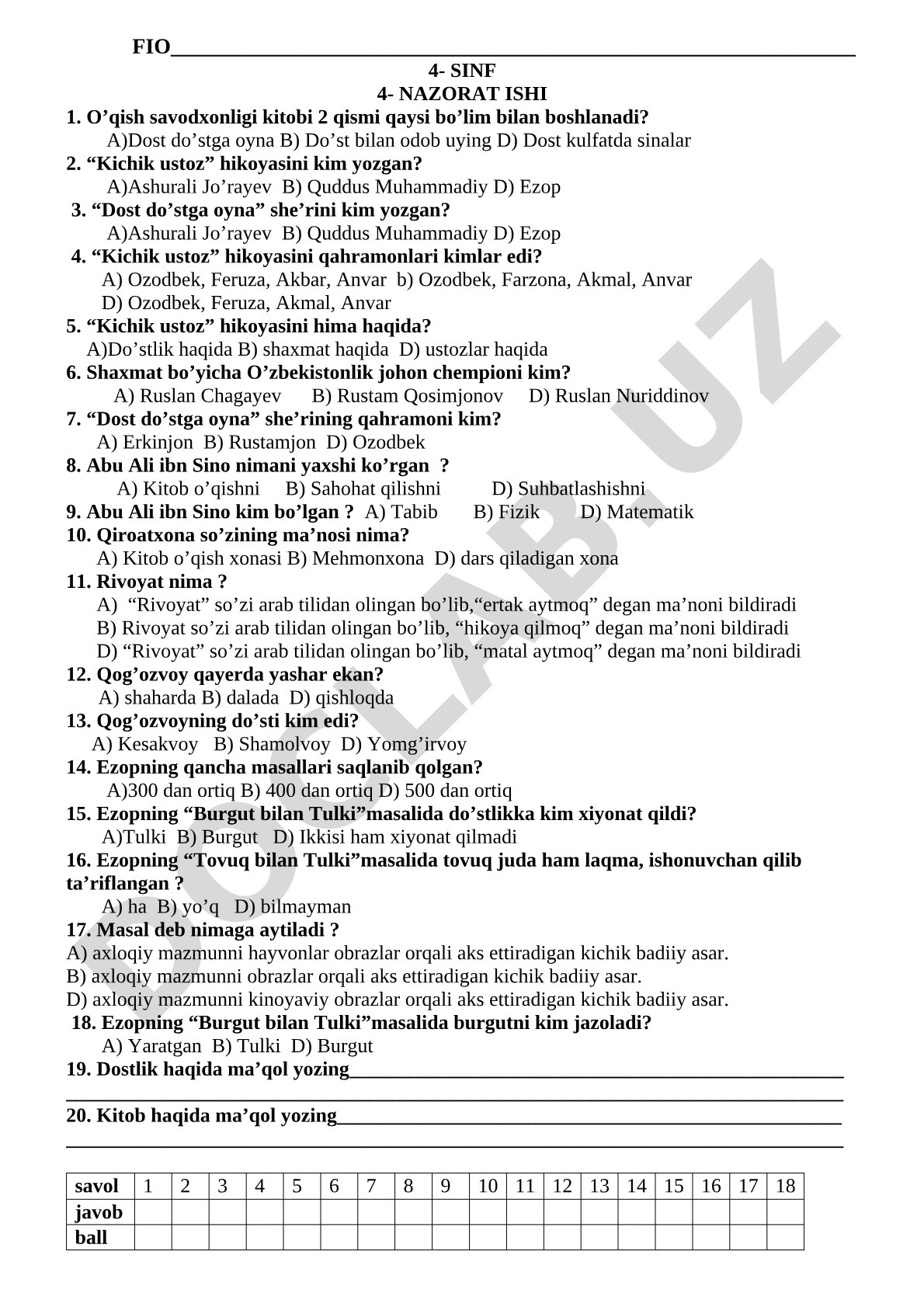 4-sinf 4-nazorat ishi o'qish savodxonligi