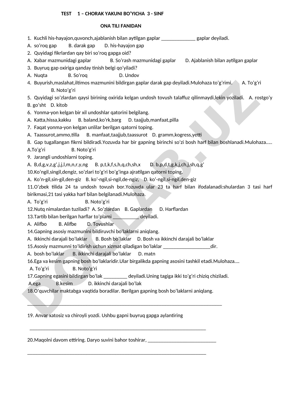 3-sinf ona tili fanidan chorak yakuni testi
