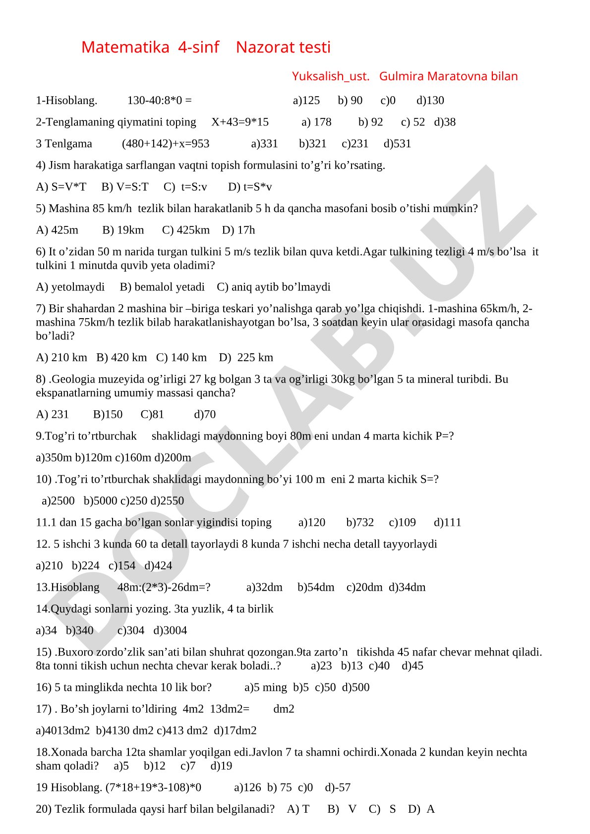 Matematika 4-sinf Nazorat testi