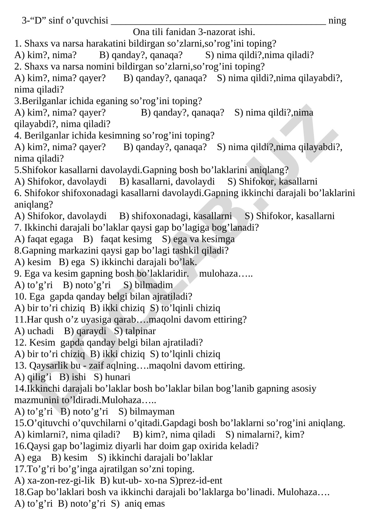 3-sinf ona tili fanidan 3-nazorat ishi