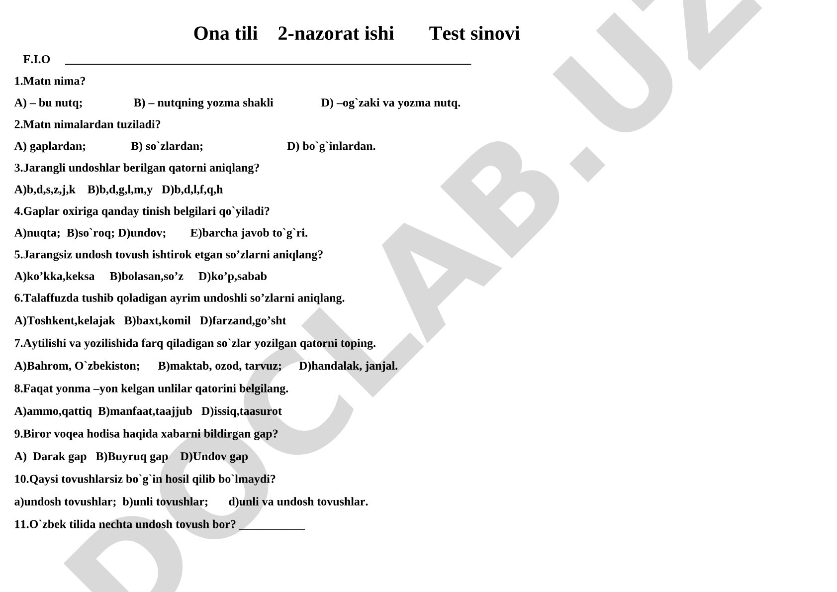 Ona tili 2-nazorat ishi test sinovi