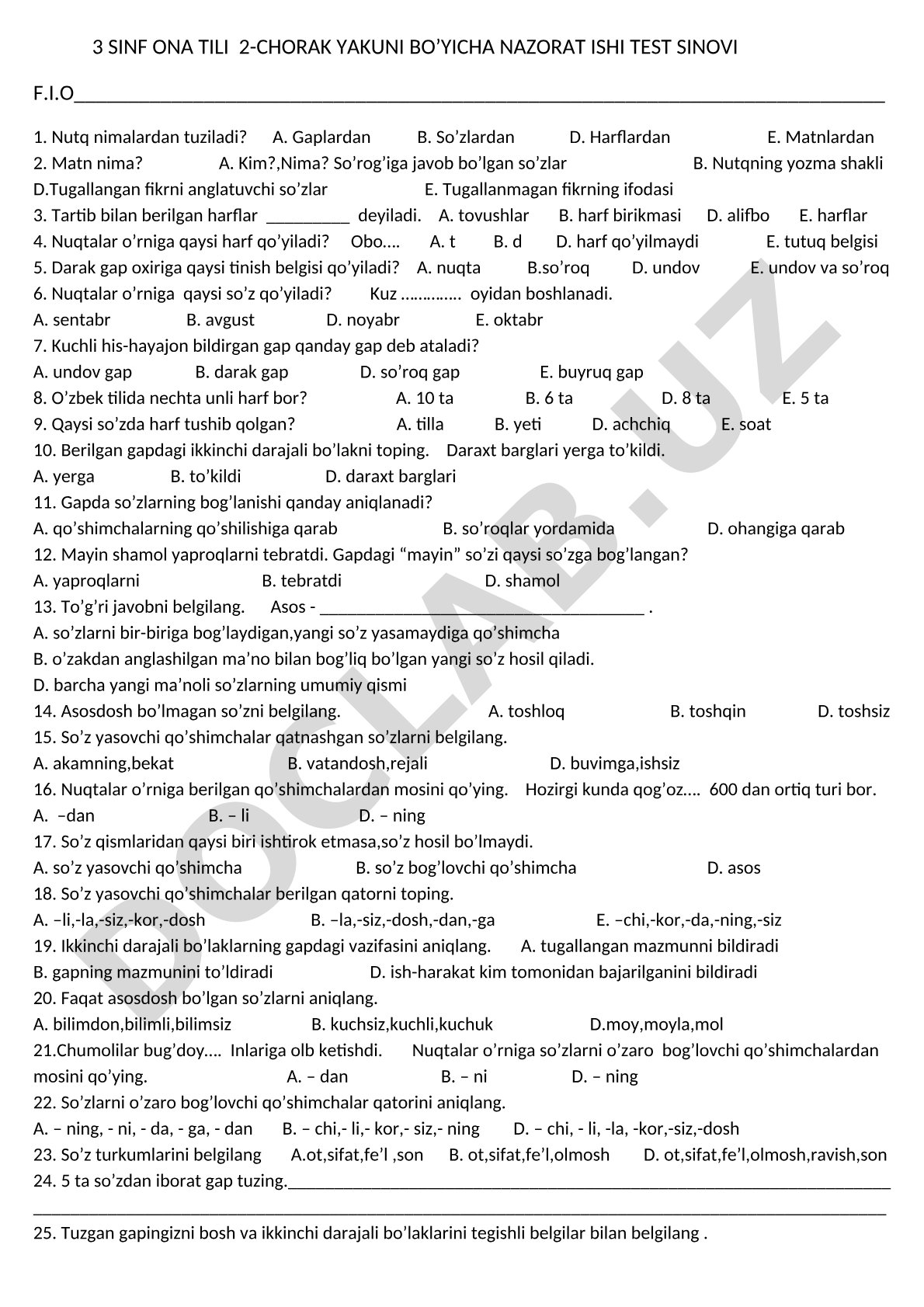 3-sinf ona tili 2-chorak yakuni bo'yicha nazorat ishi test sinovi