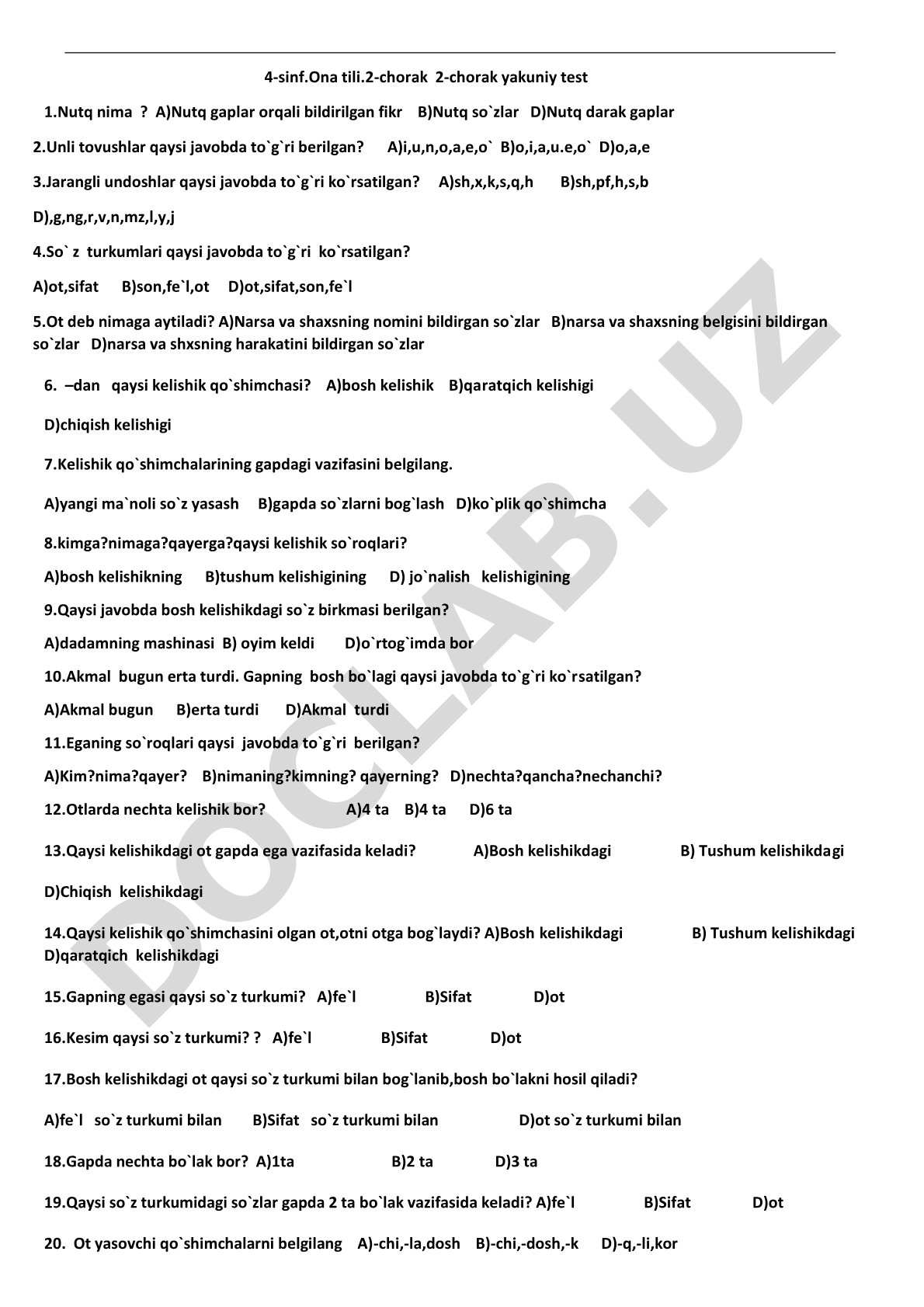 4-sinf ona tili 2-chorak yakuniy test
