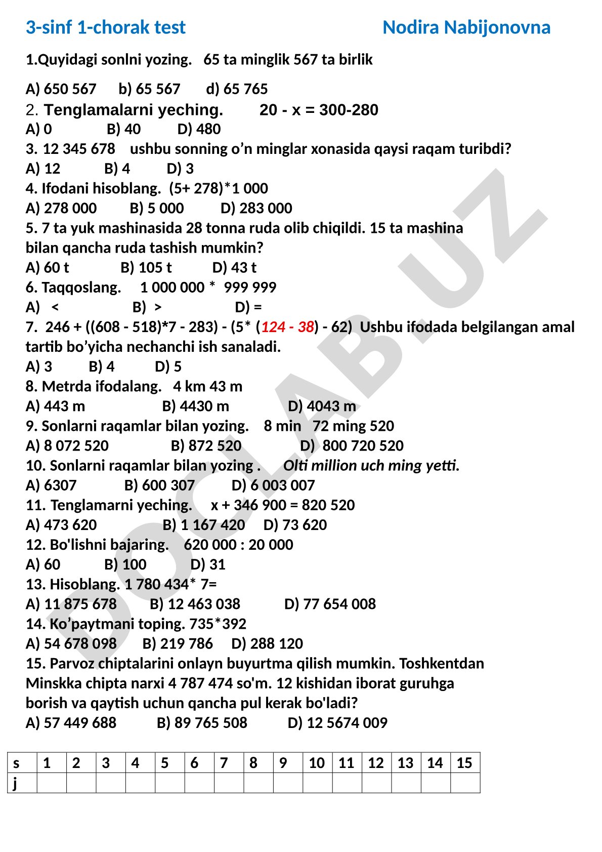 3-sinf 1-chorak test