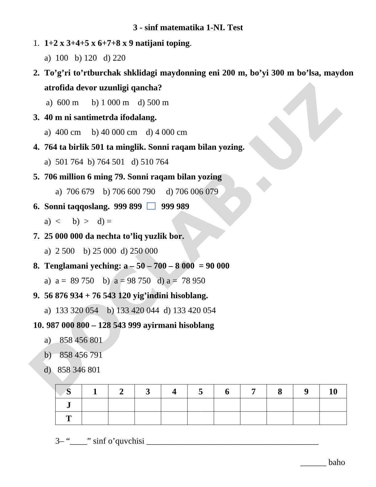 3-sinf matematika testi