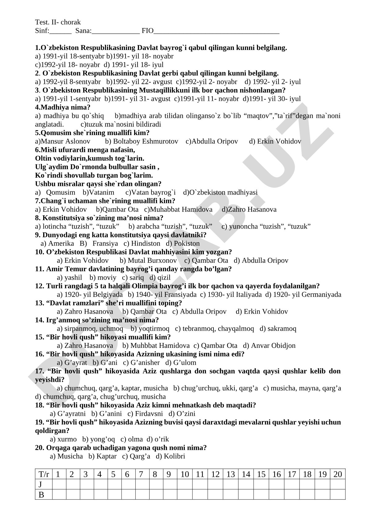O'zbekiston Respublikasi davlat ramzlari test savollari