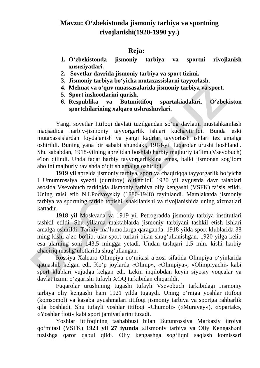 O‘zbekistonda jismoniy tarbiya va sportning rivojlanishi (1920-1990 yy.)