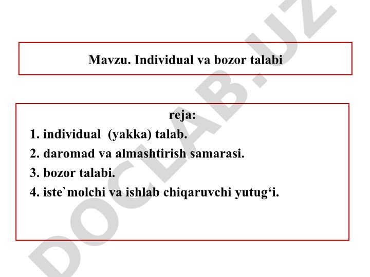 Individual va bozor talabi reja