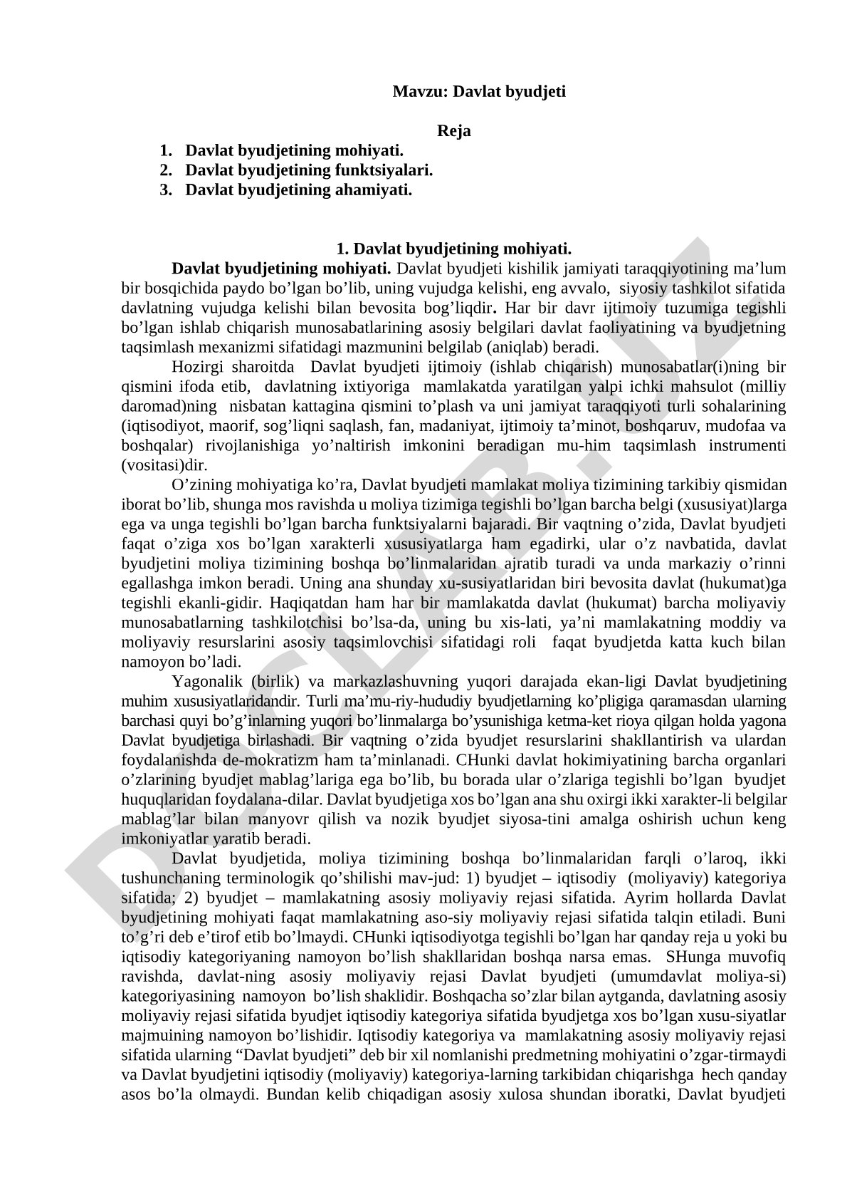 Davlat byudjeti Reja Davlat byudjetining mohiyati. Davlat byudjetining funktsiyalari. Davlat byudjetining ahamiyati