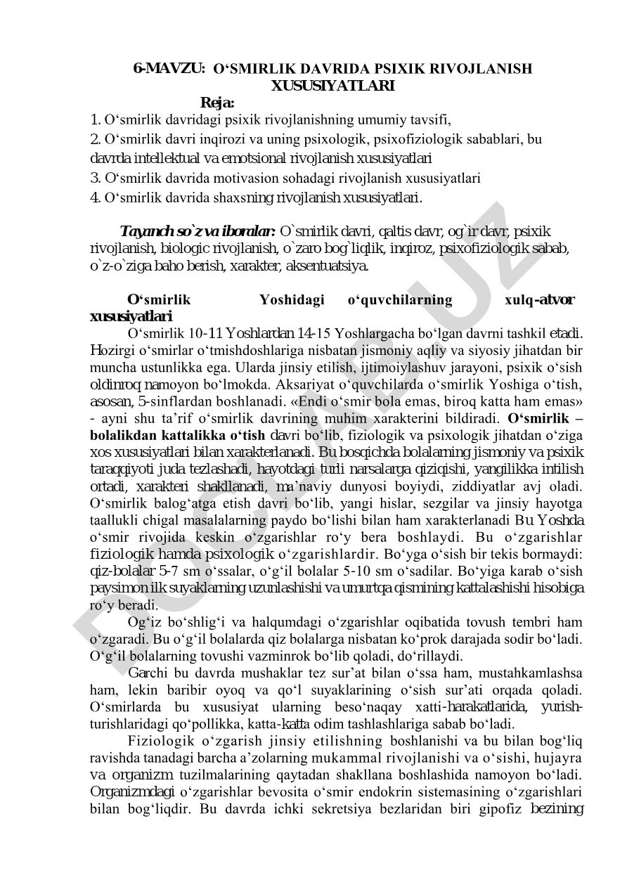 O‘smirlik davrida psixik rivojlanish xususiyatlari