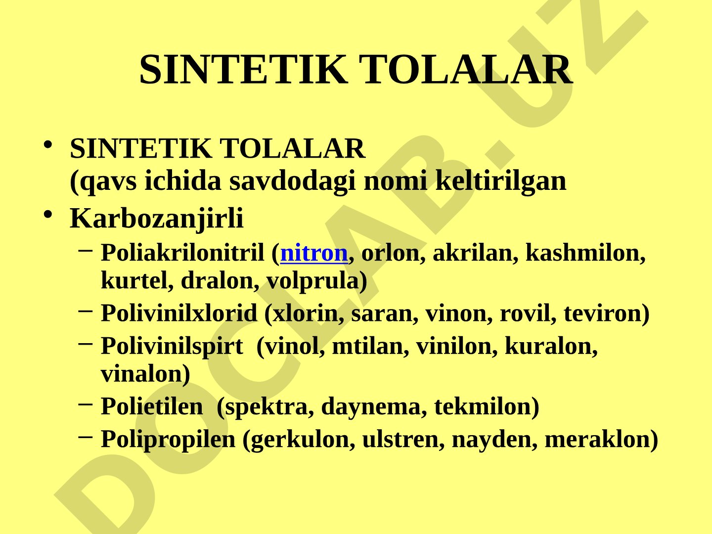 Sintetik tola turlari va polimerlar ishlab chiqarish