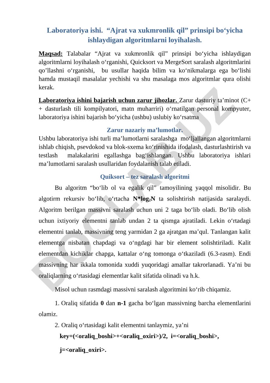 Ajrat va xukmronlik qil prinsipi bo'yicha algoritmlarni loyihalash