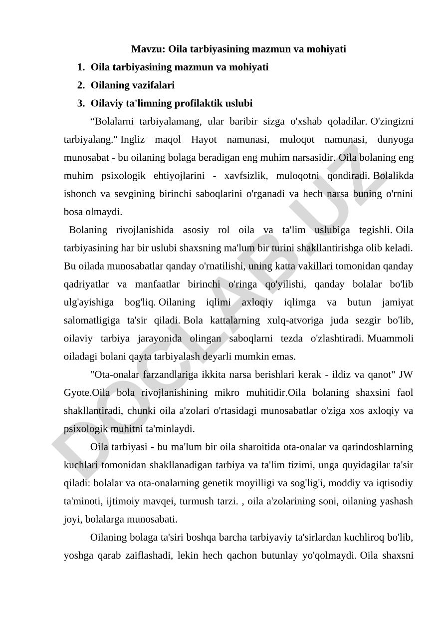 Oila tarbiyasining mazmun va mohiyati